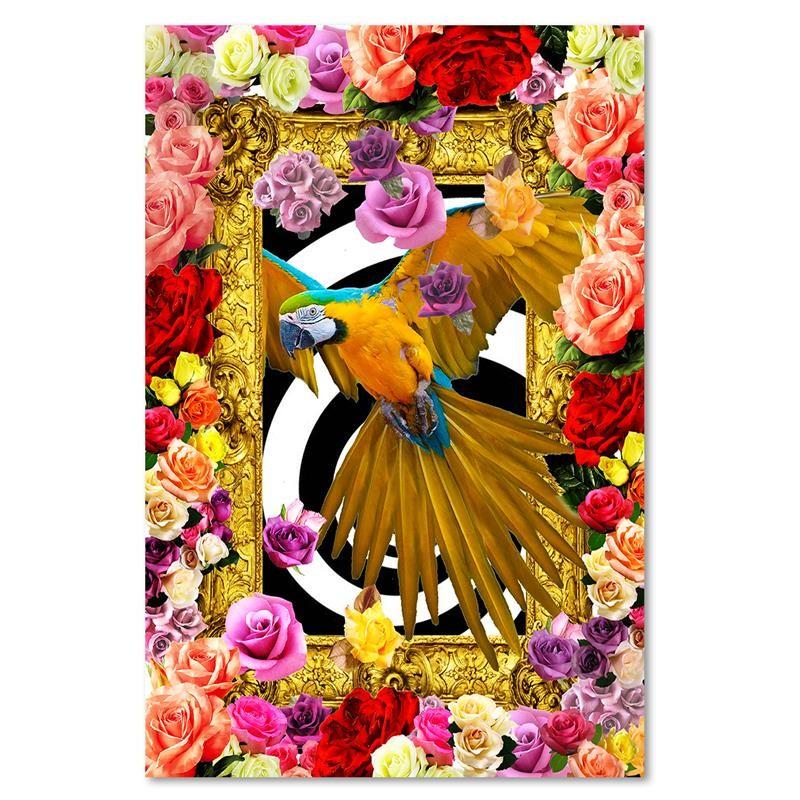 Canvas Print, Parrot and Colourful Flowers