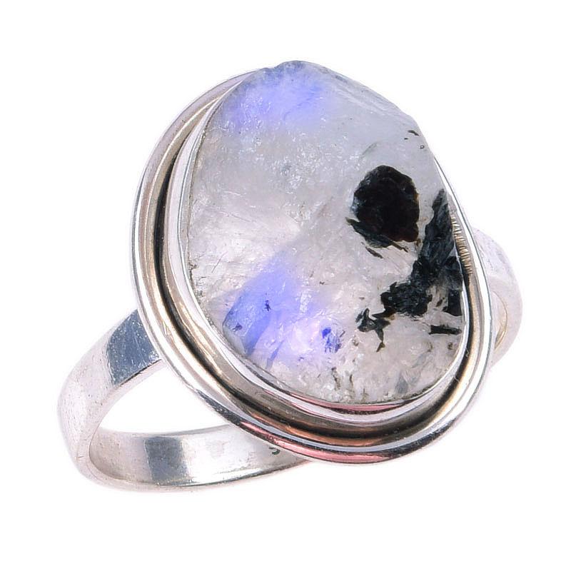 Natural Rainbow Moon Stone Gemstone Handmade 925 Sterling Silver Ring S.10 u4L21