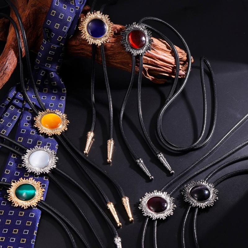 Vintage Sun Shape Gem Stone Bolo Tie Cowboy Costume Accessory for Men and Women Western Braided Cord Necktie Necklace
