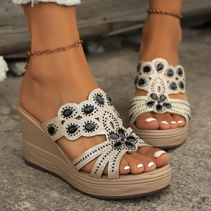 Fashion 2025 Summer Fashion Rhinestone Wedge Sandals Women Peep Toe Slip On Platform Sandals Woman Comfortable Thick Sole Beach Slippers