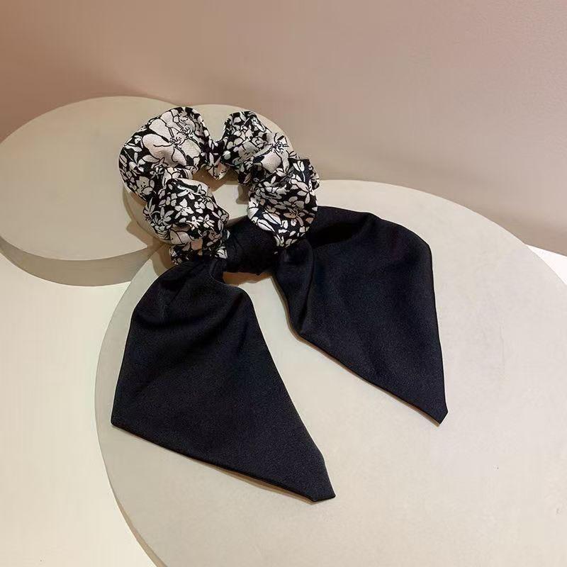 Simple Black and White Floral Headwear Bow  Low Ponytail Hair Accessory  Ribbon  Large Intestine Hair Band