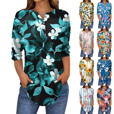 Damen T-Shirt mit lockerem Knopfkragen und Vintage-Blumendruck und Dreiviertelärmeln