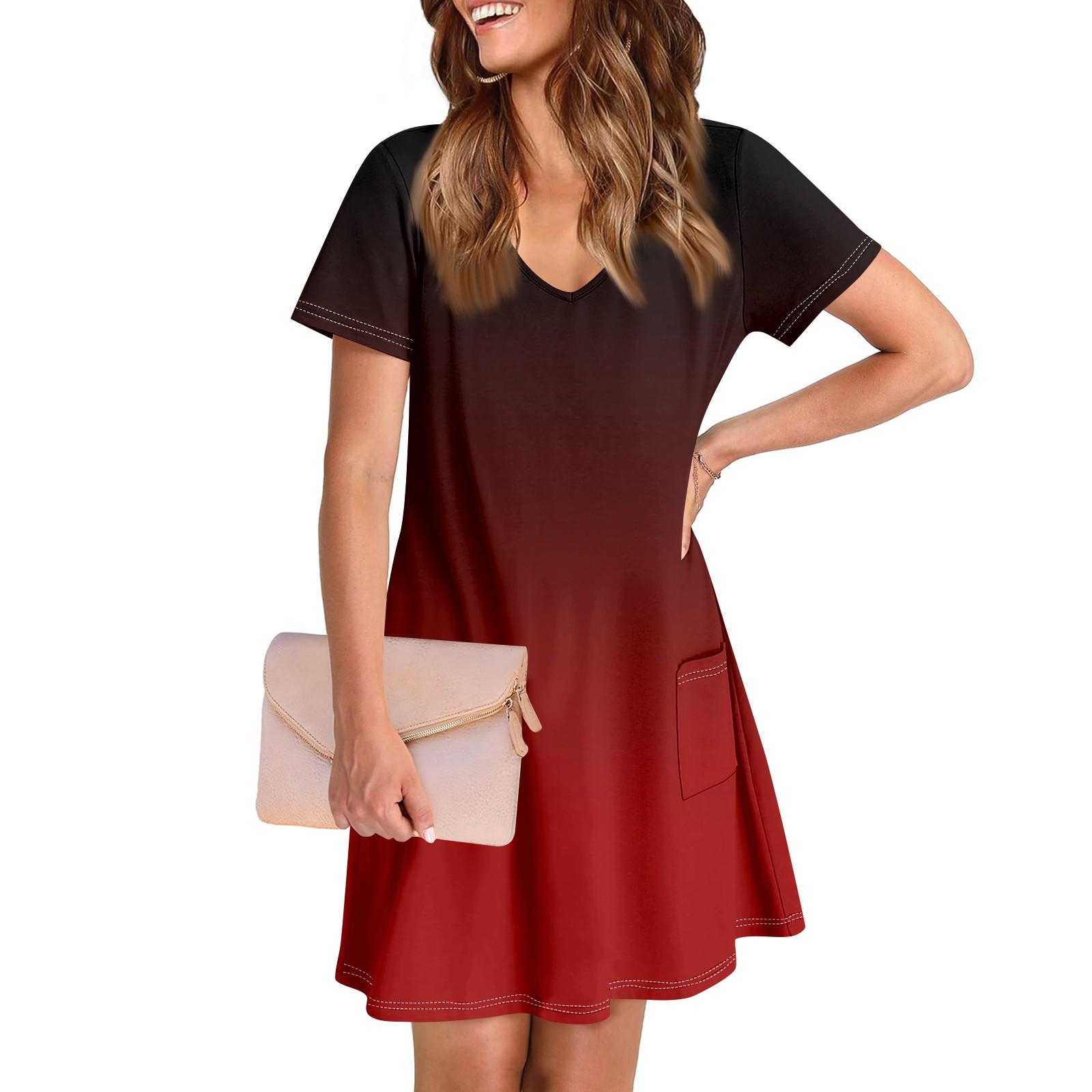 

Женское повседневное и модное платье средней длины с V-образным вырезом и короткими рукавами с принтом XL винный