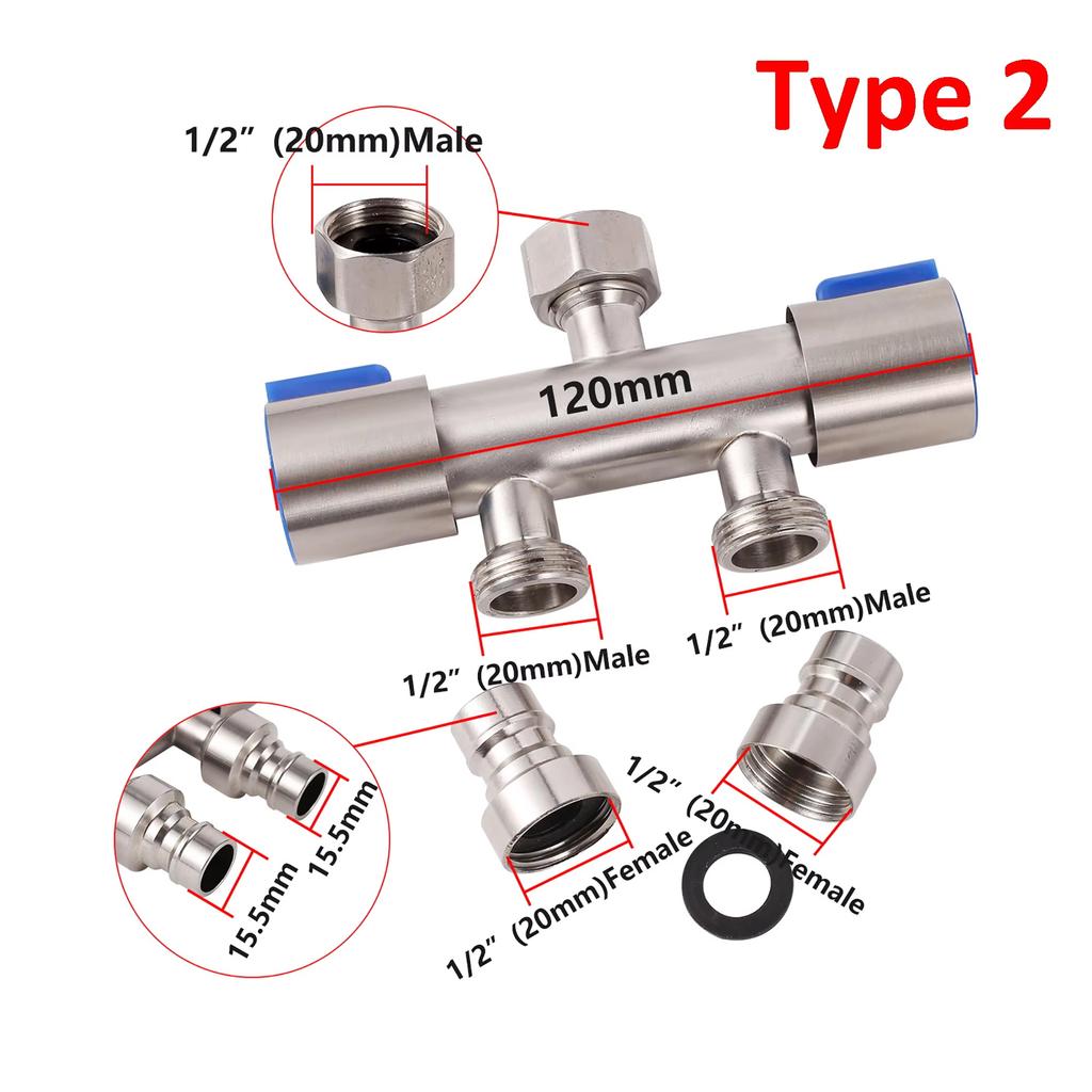 1 In 2 Out Faucet Garden Faucet Dual Control Double Handle Cold Water Faucet Bathroom Washing Machine Faucet Triangle Valve 1Pc