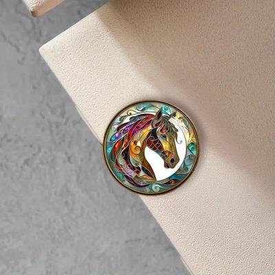 Zodiac Horse Painted Resin Round Brooch Personalized Fashionable Alloy Badge For Clothing Bags
