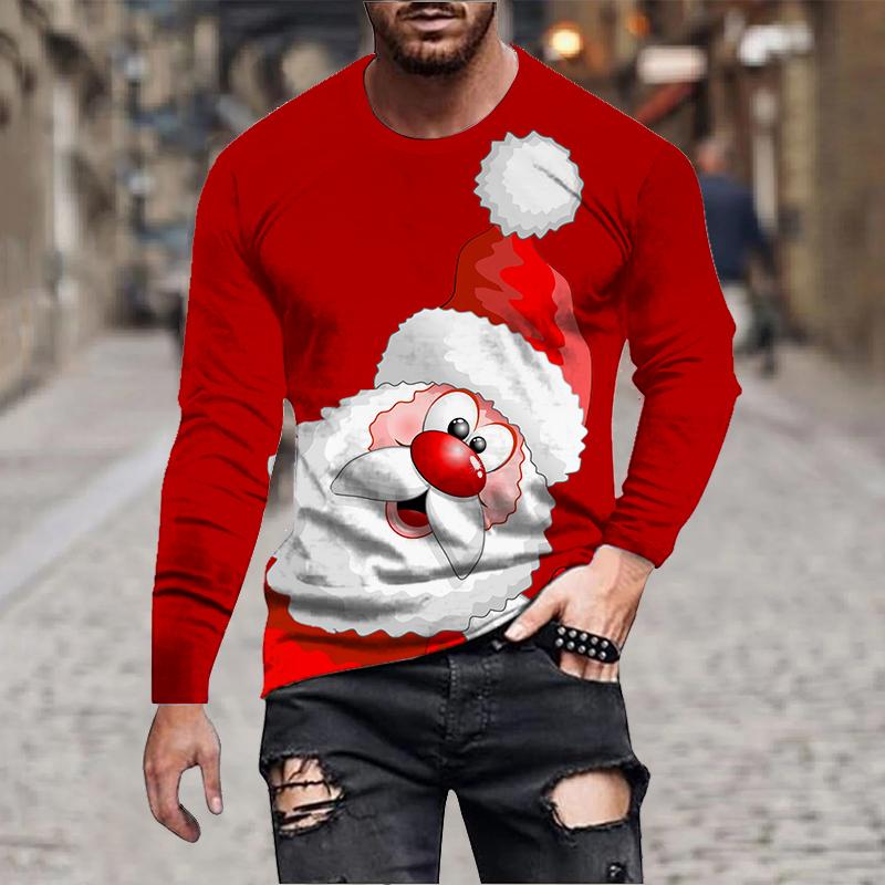 

Весенне-осенние футболки с круглым вырезом, 3D-принтом с Санта-Клаусом и оленями, модные повседневные мужские футболки с длинным рукавом 5XL
