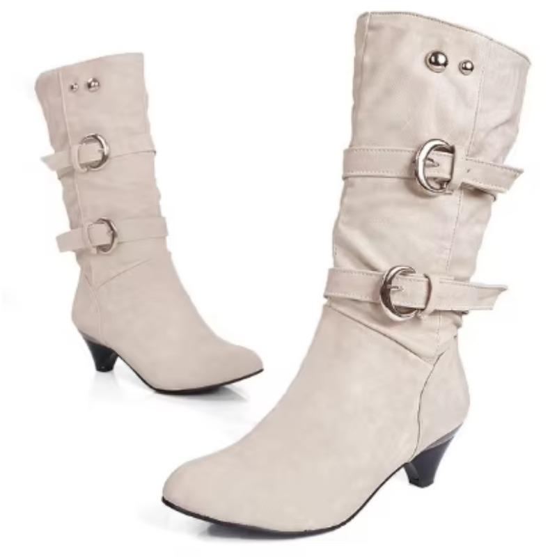 Modne Damskie Buty Na Grubej Podstawie Codzienne Okrągły Nosek Buty Jesień Zima Do Połowy Łydki Damskie Klamra