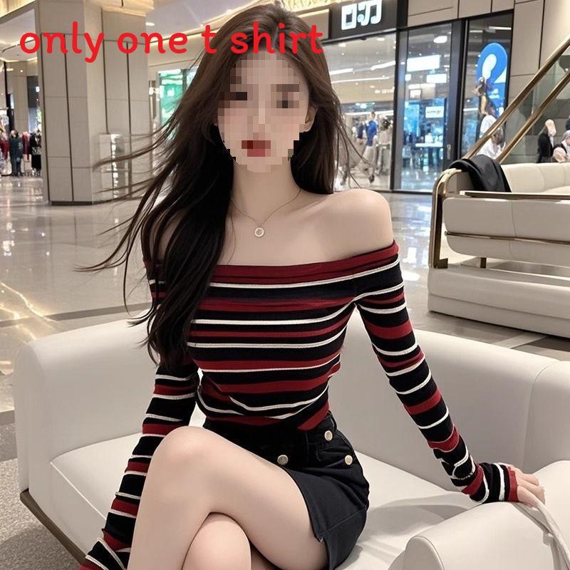 Tshirt Oversize Oneword Collar Long Sleeve With Embroidery For Spring Style