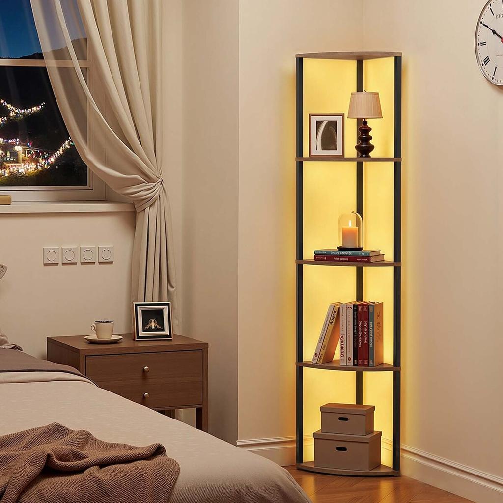 Scaffale Angolare a 5 Piani, Supporto Angolare Alto con Luce LED, Organizzatore Torre Scaffali a Muro con Telaio in Metallo e Ripiani in Legno, Stretto Espositore per Libri