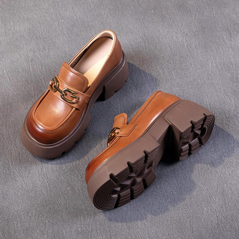 The first layer of cowhide loafers women's autumn 2025 new leather muffin thick-soled retro casual women's single shoes
