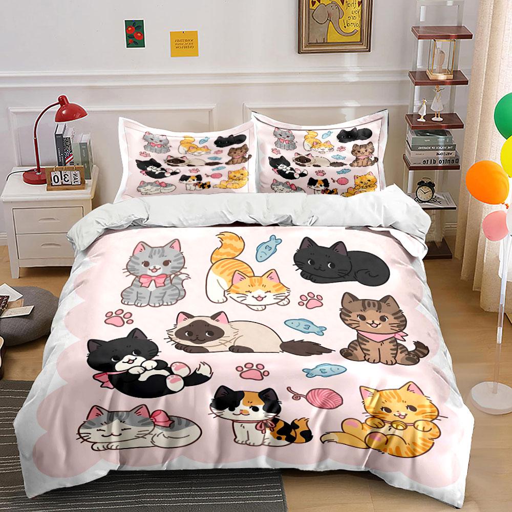 Cute Cartoon Cats Pattern Set Bedding Duvet Cover Set Duvet Cover Pillowcases (1*Duvet Cover 2*Pillowcases, Without Duvet Insert)