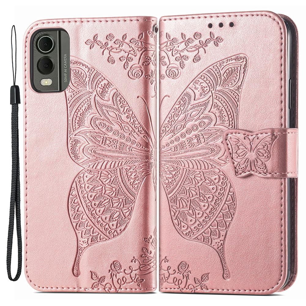 

Для Nokia C32 Кожаный чехол-кошелек с подставкой из ПУ Имитация бабочки Откидная крышка для телефона с ремешком Rose Gold