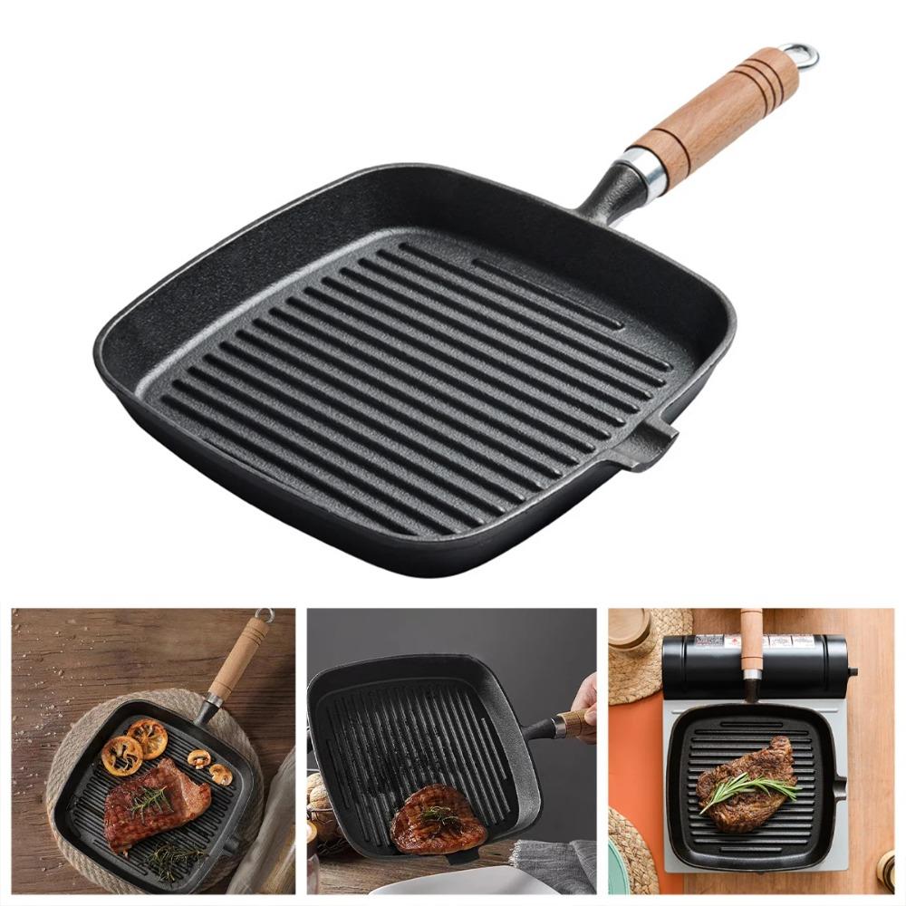 Stekpanna för biff i gjutjärn, Obehandlad och non-stick, Hushållsrandig 24 cm Specialpanna för stekning av nötköttsbiff, Pann med platt botten