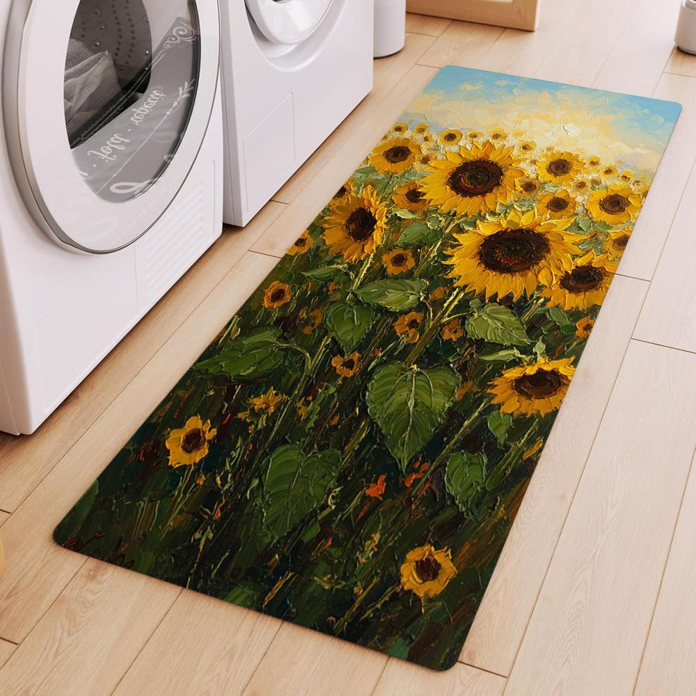 Van Gogh Style Sunflower Oil Painting Kitchen Mat Non-slip Waterproof Anti-fatigue Long Rug for Laundry Room Hallway Easy Clean