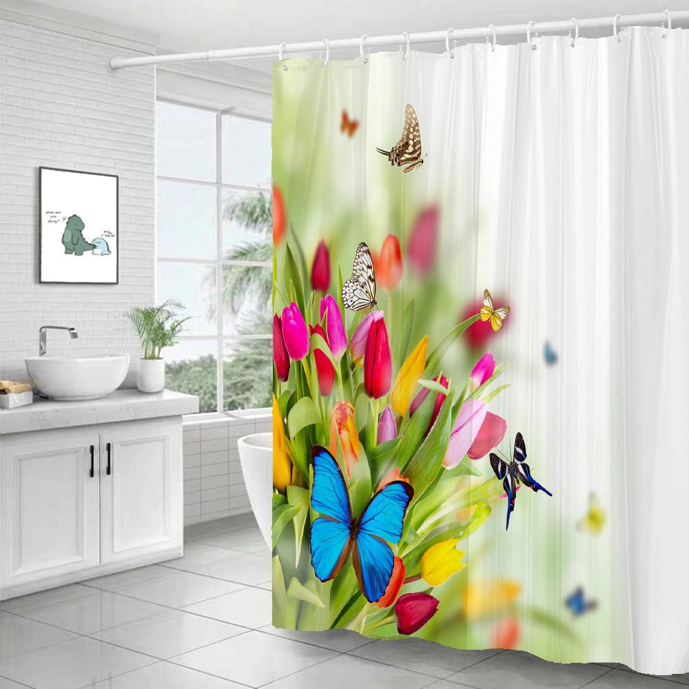 Beautiful Tulip Rose Flowers Shower Curtain Bathroom Curtains Nature Flower Waterproof Polyeste Fabric Bathtub Decor With Hook