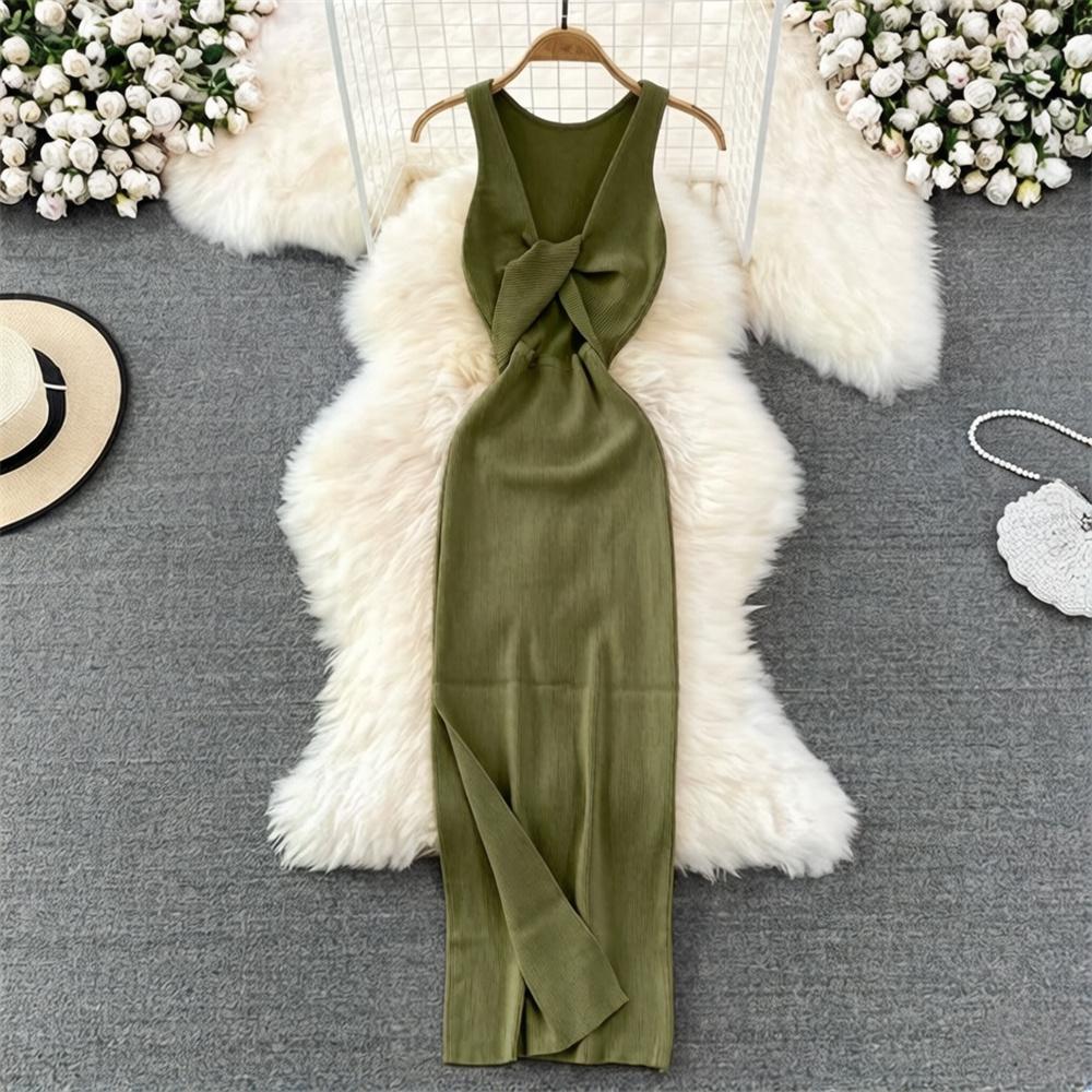 Vestido de Punto Minimalista sin Espalda para Mujer Verano SSólido de Punto sin Mangas Ajustado sin Mangas Sexy Bodycon Vestido Camiseta