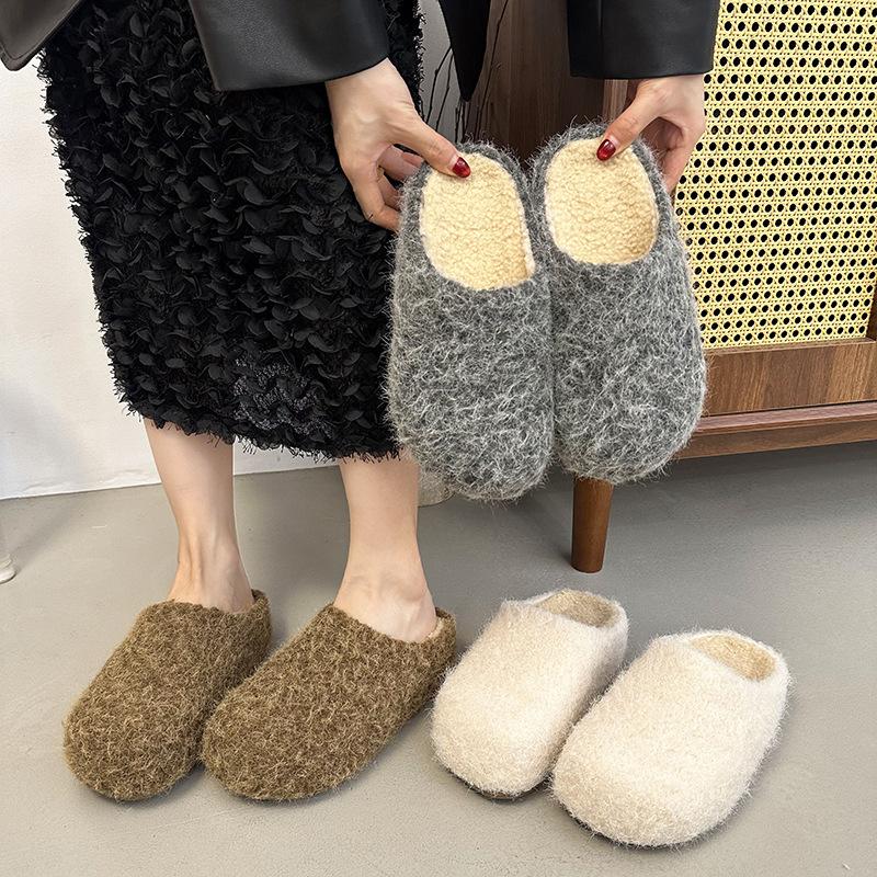Retro niche evening wind woolen bag head half slippers women wear lazy people pedal thick-soled Mao Mao Boken shoes
