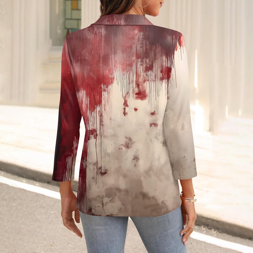 Women's Fashion Casual Lapel 3/4 Sleeve Halloween Print Shirt Women's V-Neck Tops