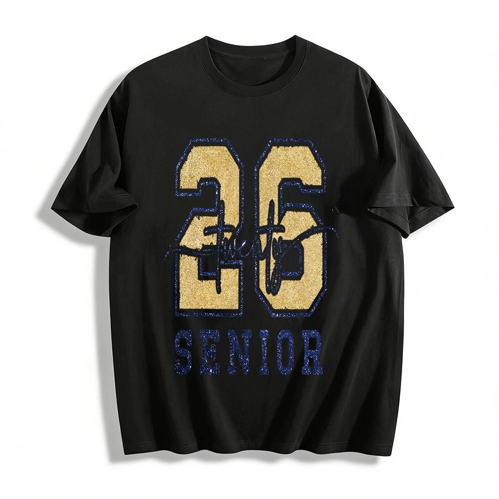 2026 Senior Retro Glitter Letter Print Casual Loose Top Pure cotton T-shirt XXS