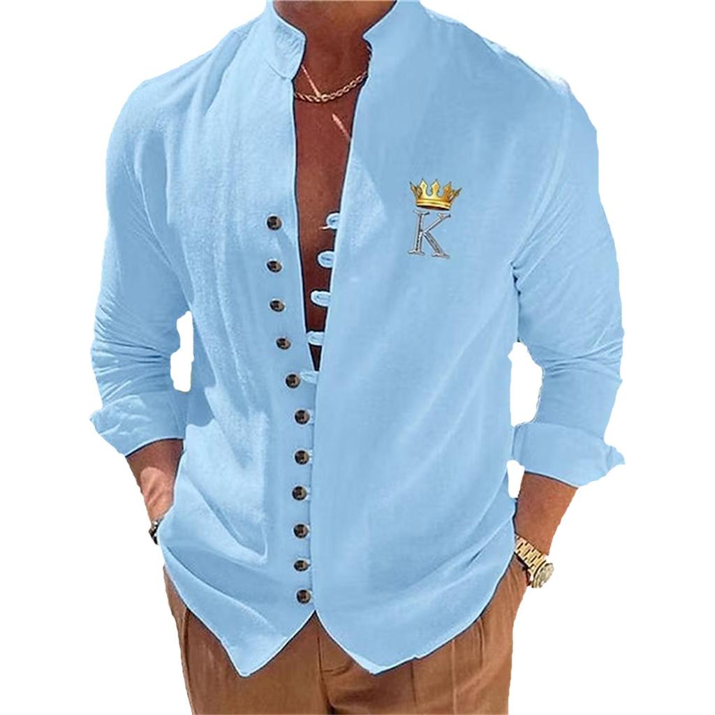 Camicia classica da uomo a maniche lunghe con colletto alla coreana, vestibilità casual, alla moda giovanile, da uomo
