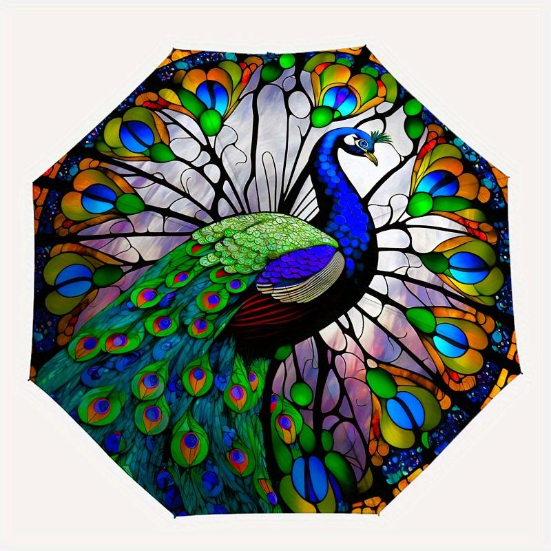 """Atemberndes Pfauen-Buntglas-Dekor" Regenschirm, Tragbarer 3-fach Kompakter Regenschirm für Damen & Herren ES23"""