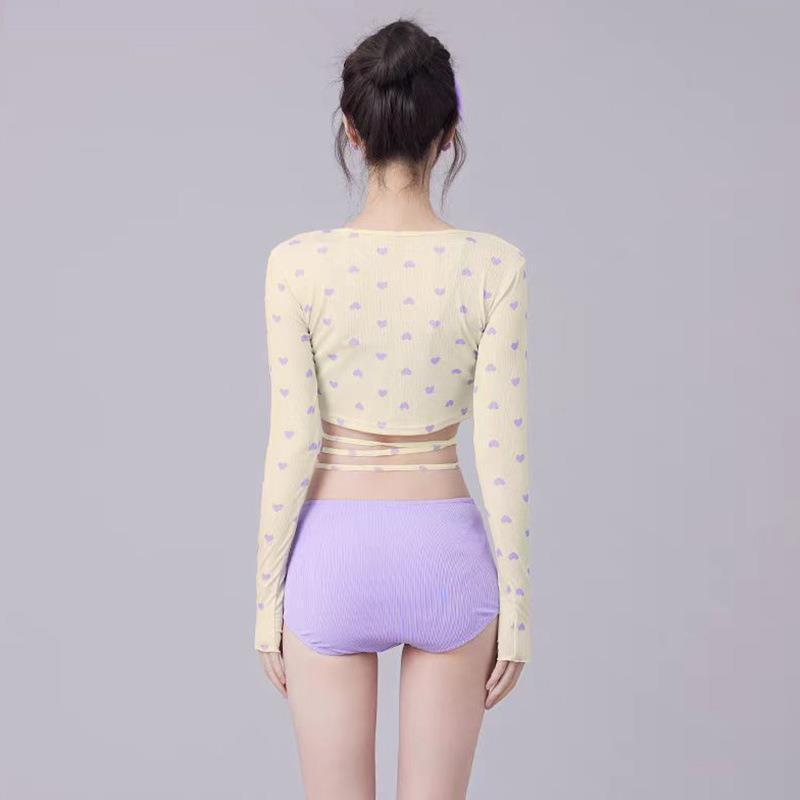 Women's Purple Long-Sleeve Three-Piece Swimsuit Set - High-Waisted, Slimming, Sun-Protective, Split Design.