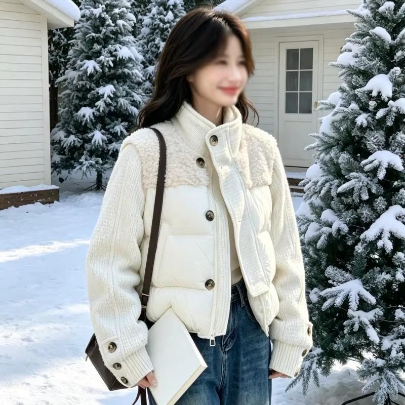Fashion Woolen Spliced Down Padded Jacket Women's Winter Short Coat Loose Parkas Thicken Warm Stand-collar Outerwear