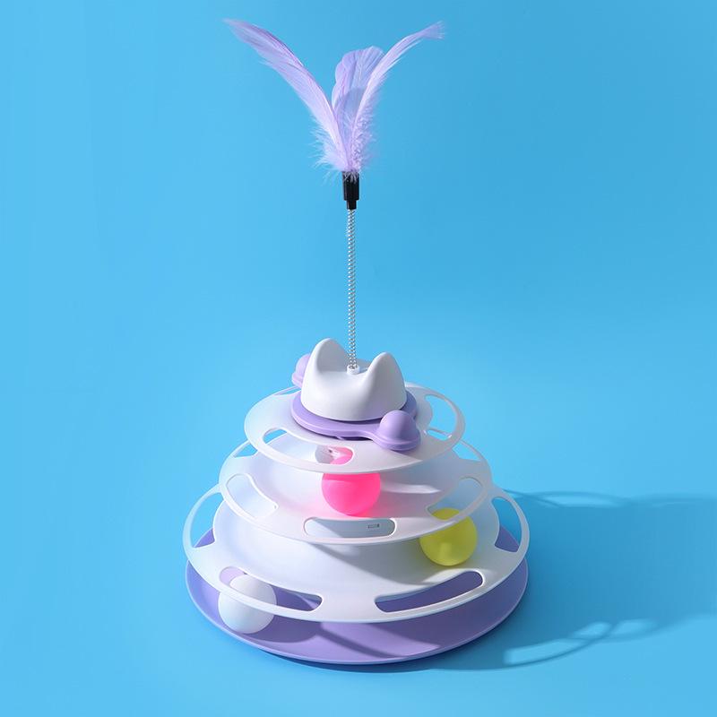 Four-Layer Cat Turntable Toy with Feather Teaser - Interactive Pet Entertainment.