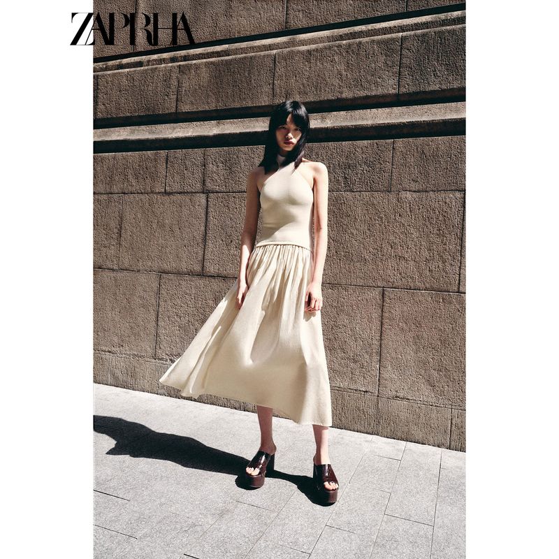 Zaprha 2025 Summer New Elegant Slim fit Patchwork Neck Collar Backless Sling Dress 4174202