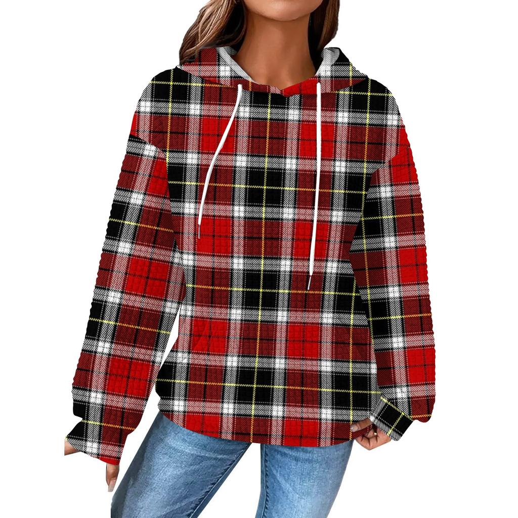 Women's Fashion Loose Hooded Pullover Long Sleeve Plaid Sweatshirt with Drawstring Drop Shoulder and Pocket Print Top
