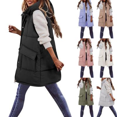 Women's  And Winter Cotton Vest, Medium To Long, Solid Color Pocket Cotton Vest