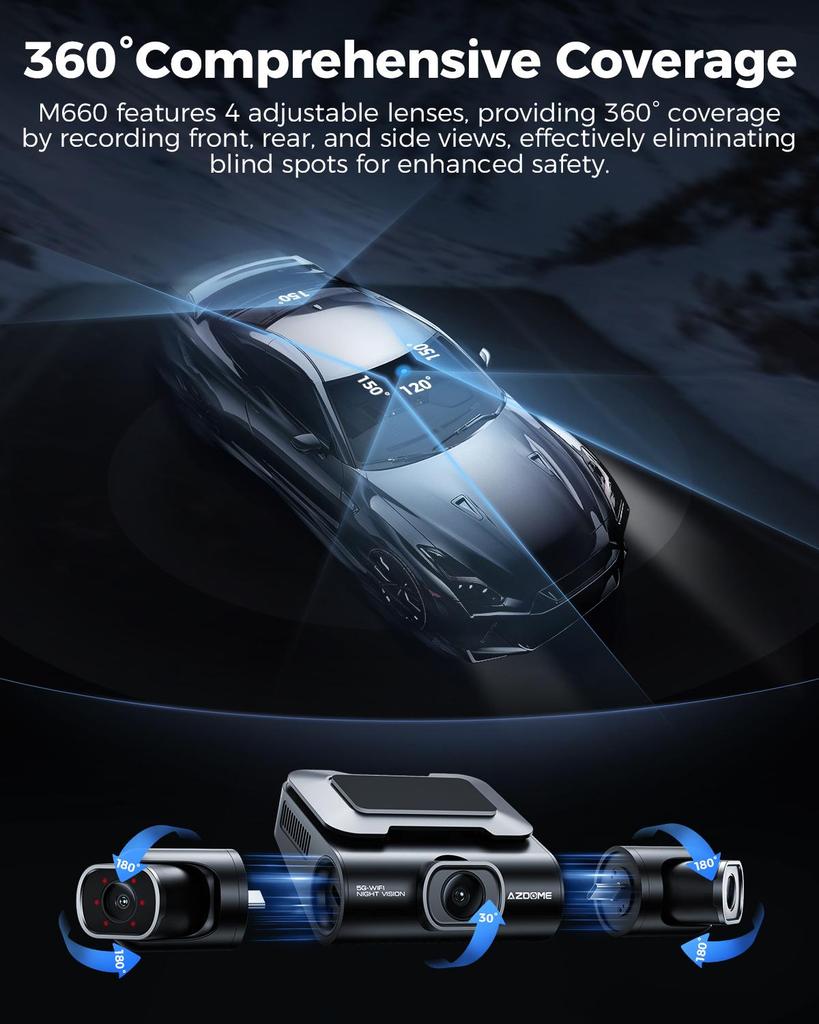 AZDOME 4 kamera Dash Cam 360 graders visning DVR med 128 GB EMMC, 4K foran bak innvendig med GPS WiFi, parkeringsmonitor