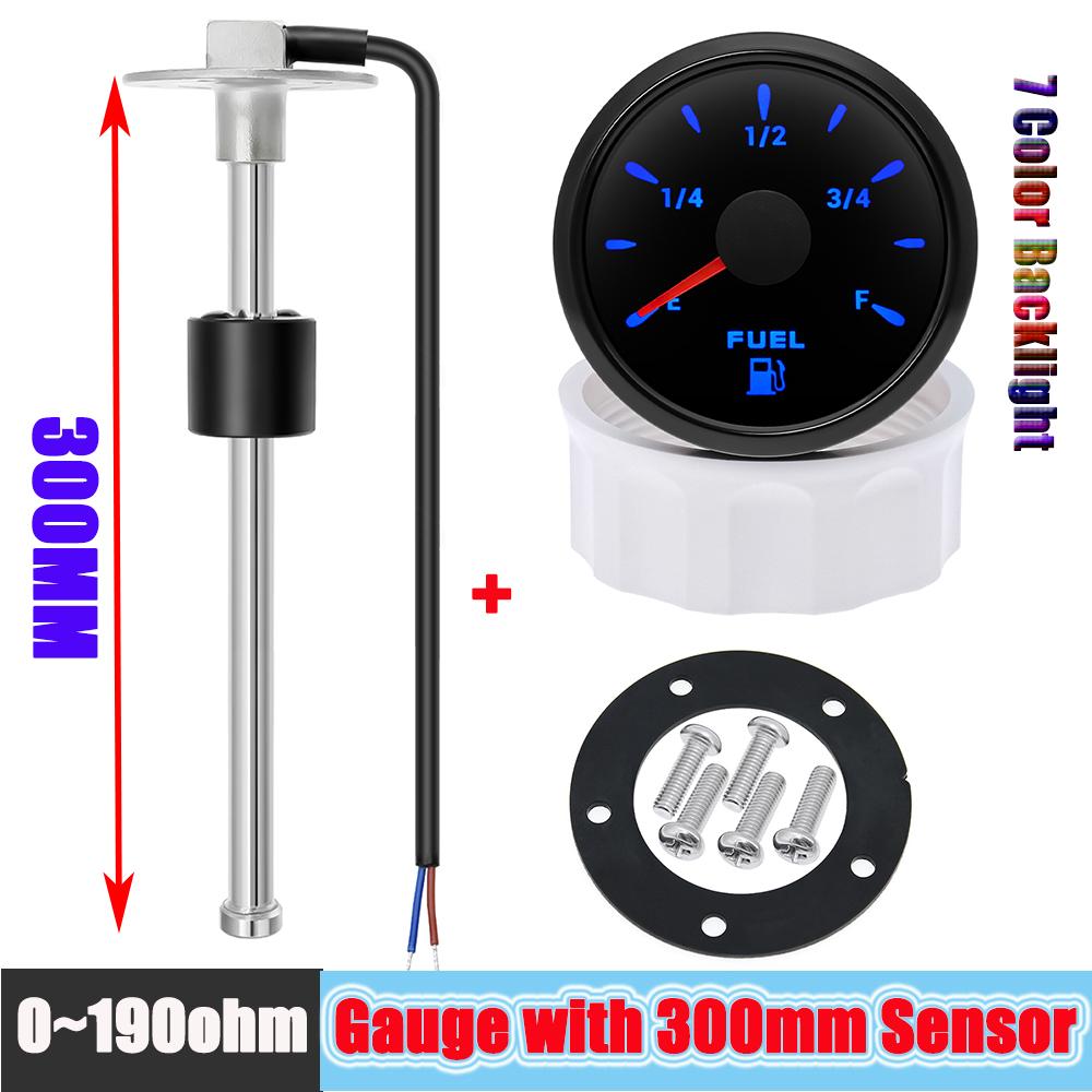 Car FUEL Gauges Instruments+A5 Fuel Float Sensor 0-190 Ohm 7 Color LED Water Tank Level 52MM Waterproof for Boat Marine 12V 24V