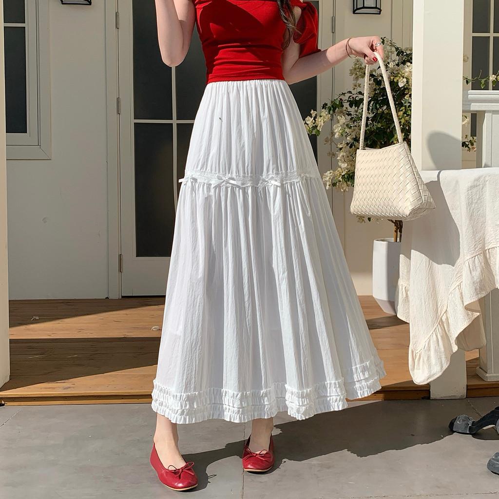Qooth White Tiered Ruffle Skirt Bow Detail A-Line Midi Slimming QT2865
