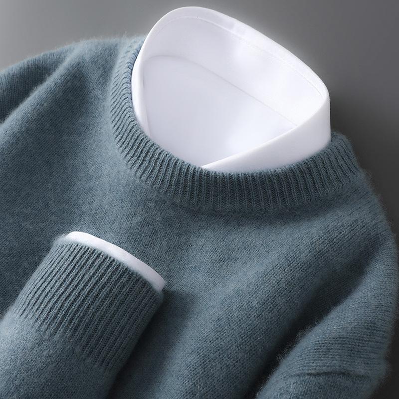 Herren Pullover aus reiner Wolle, schwer, Rundhalsausschnitt, lockere Passform, warm, einfarbig, ideale Basisschicht für Herbst/Winter.