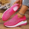 Women's Summer Sports Casual Shoes with Wedge Heels, Round Toe and Rhinestone Slip-on Shoes