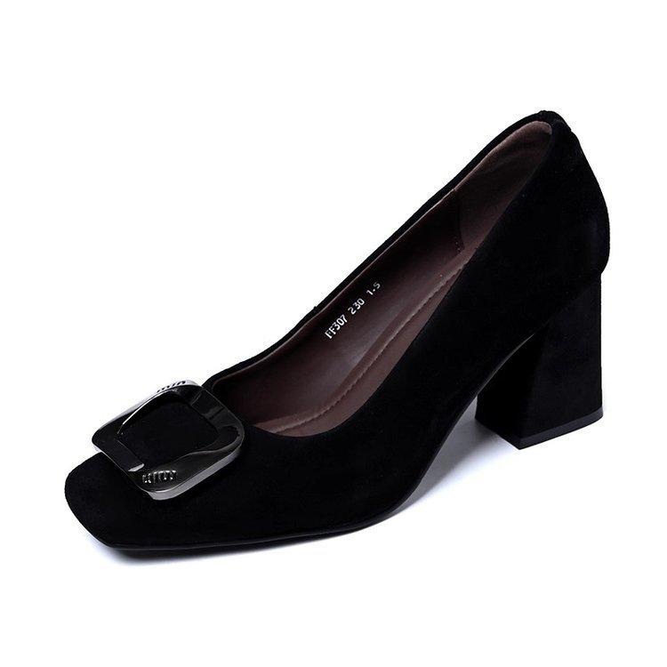 French square buckle suede single shoes autumn new light mouth temperament square head high heels commuter shoes