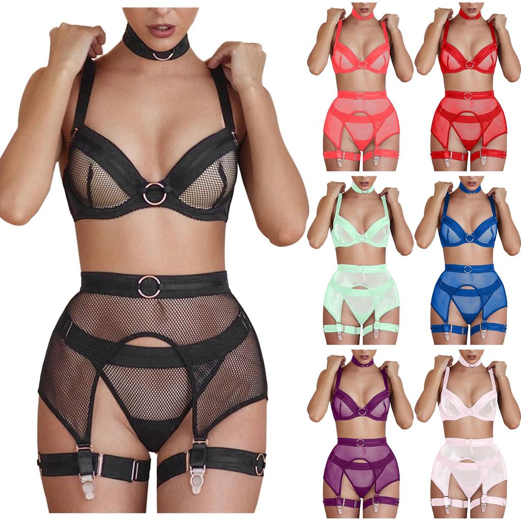 Women Metallic Trim Mesh Hollow Out Bra Set with Underwire Support Adjustable Straps and Garter Belt