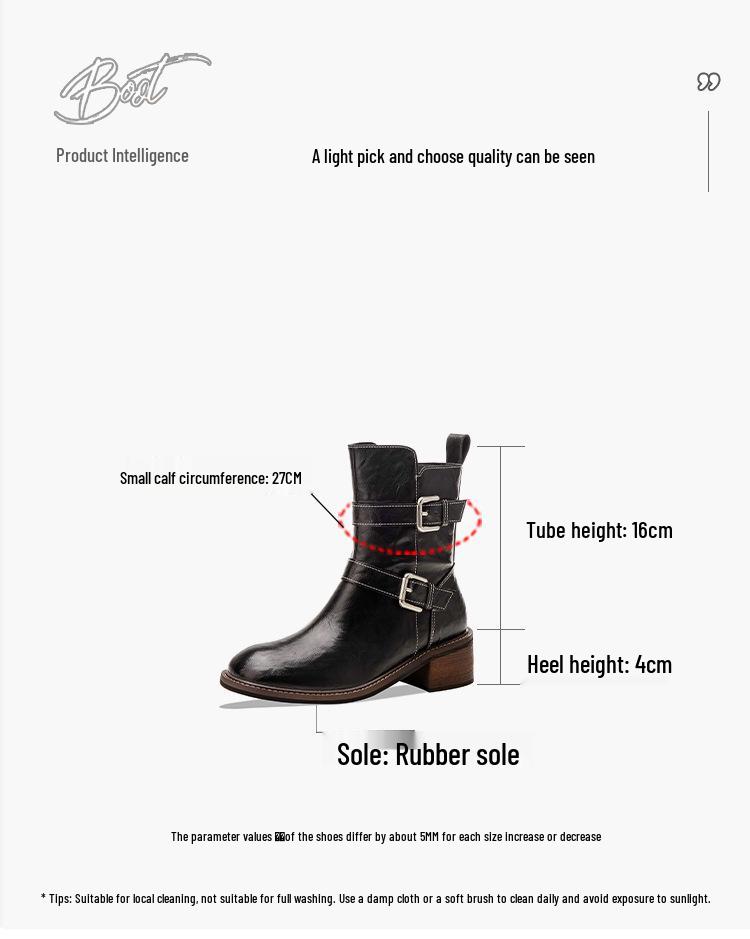 Maillard Retro Distressed Chunky Heel Ankle Boots, Women's Versatile Spring/Autumn Buckle Round Toe Thick Sole Knight Boots