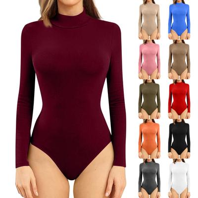 Women's One-piece T-shirt Slim Long Sleeve Half High Neck Solid Color Jumpsuit Top