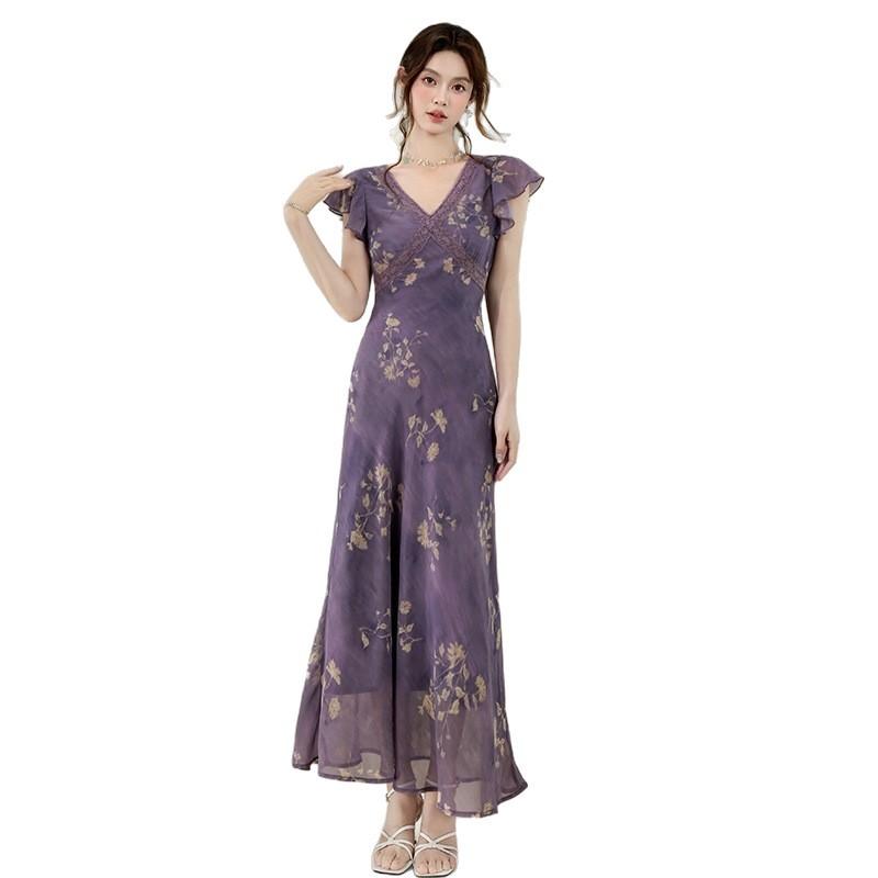 High Quality Summer Travel Vacation Fairy French Gentle Elegant Lace Edge Print Long Waist and Thin Dress