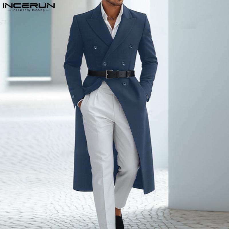 INCERUN Winter Autumn Men Double-breasted Long Sleeve Thin Woolen Long Overcoat Coats