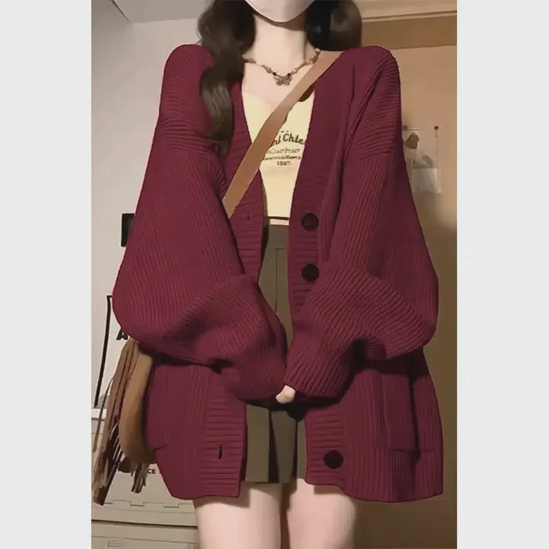 

Женский винно-красный кардиган с V-образным вырезом: Стильная рубашка с длинными рукавами в студенческом стиле для осени и зимы 2XL