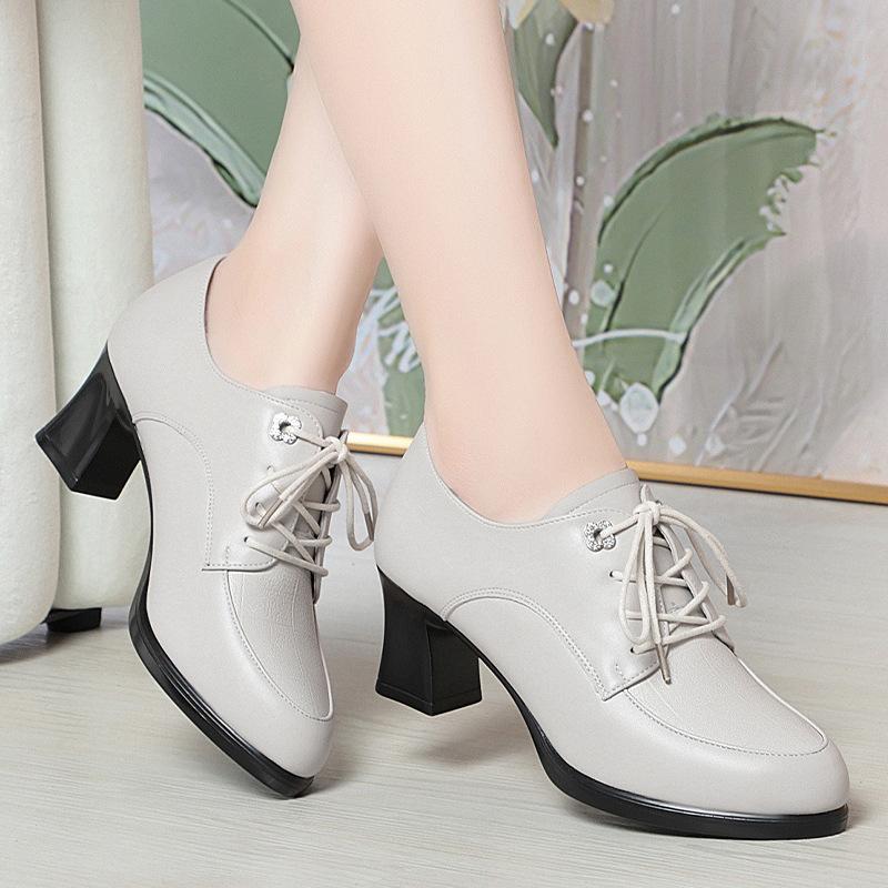 2026 new women's shoes spring and autumn single shoes women's high heels sub-lace-up women's leather shoes