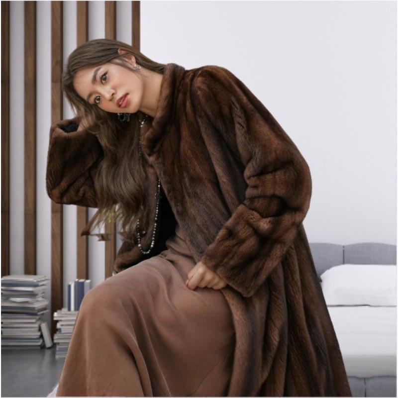 Women's imitation mink coat velvet lapel long imitation mink fur coat winter casual warm trench coat