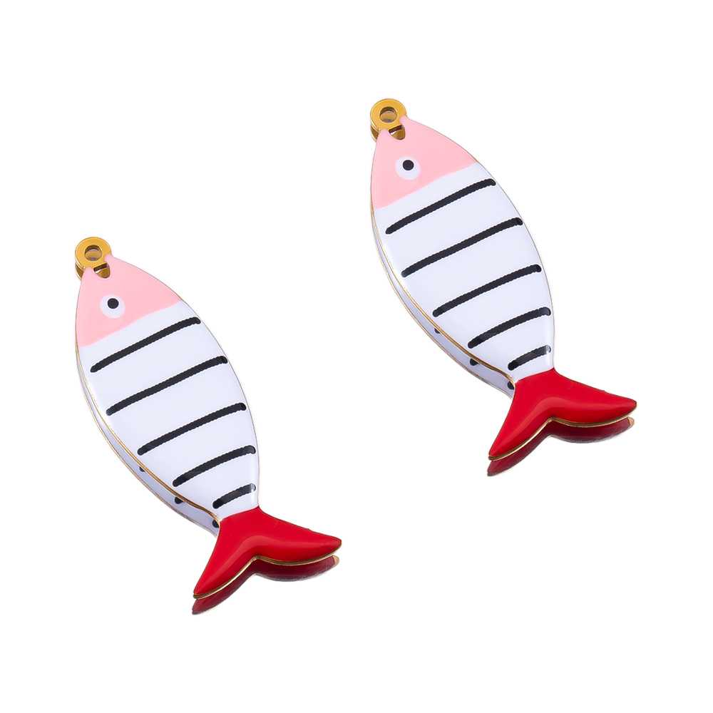 2pcs Stainless Steel Cute Enamel Stripe Fish Color Fish Tail Charms Animal Pendant Base for DIY Earring Necklace Jewelry Making