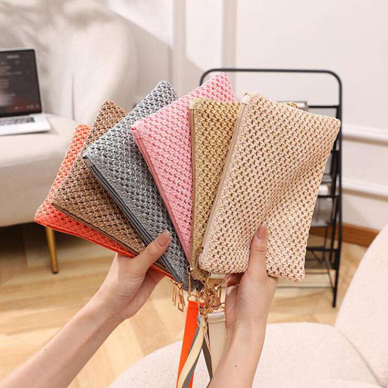 Fashion Straw Woven Bag For Women Hollow Out Beach Handbag With Wrist Strap Portable Phone Purse Solid Color Simple Cash Bag Summer Accessory