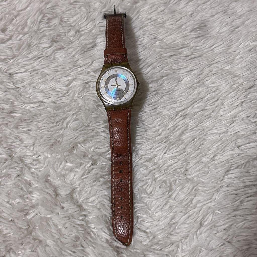 Used SWATCH Watch, Working Condition, Genuine Leather Belt, Battery Replaced, Vintage Y2K Quartz, Gold, Made in 1997