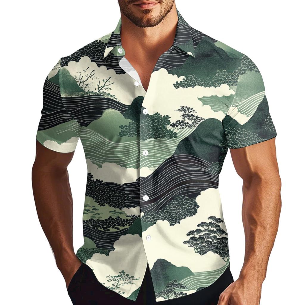 Men's Fashion Printed Satin Short Sleeve Shirt Top
