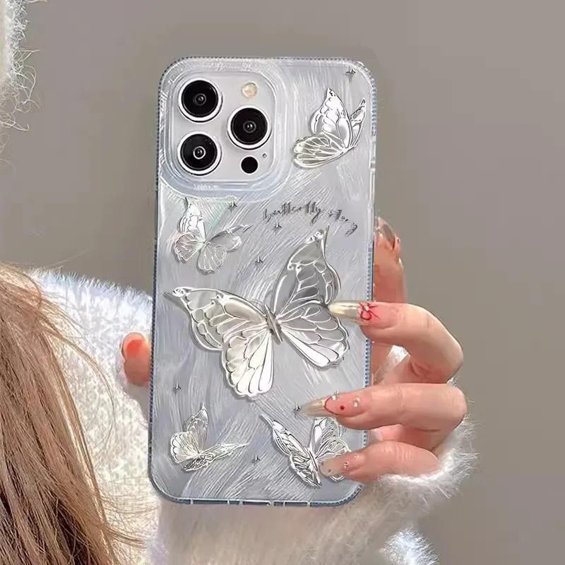 For iPhone 14 13 15 16 Pro Max Case Luxury Laser Silver Butterfly Phone Case for iPhone 16E 11 12 Pro Max XS XR 7 8 16 Plus Case